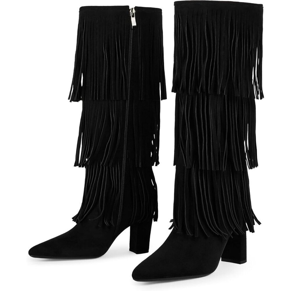 Women's Black Fringe Modatope Knee High Fold Over Chunky Heels Zipper Tall Boots - Picture 3 of 7